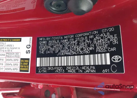 2021 Toyota Corolla Le из США, поврежденный, VIN JTDEPMAE5MJ130780